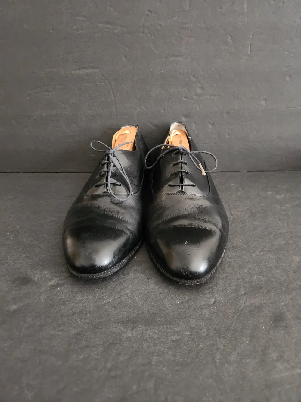Salvatore Ferragamo Men’s Black Leather Oxford Lace-Up Almond Toe Logo 9.5EE